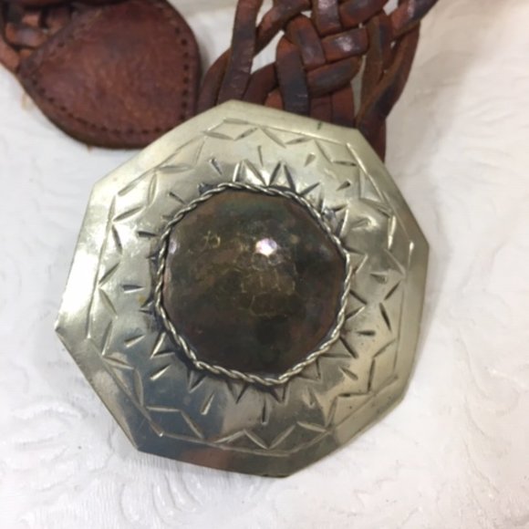 VTG Moroccan Brown Leather Braided Belt w/Octagon Silver Toned Brass Buckle main image 8